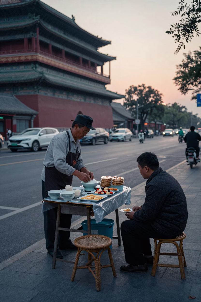 1960s Beijing Street Scene Before Sunrise with Vendor and Rattan Stool in in Beijing, China
