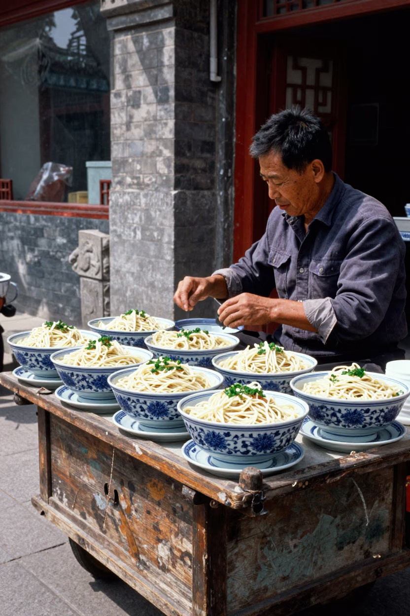 1960s Beijing Street Scene with Blue and White Porcelain Bowl Amidst Daily Life in in Beijing, China