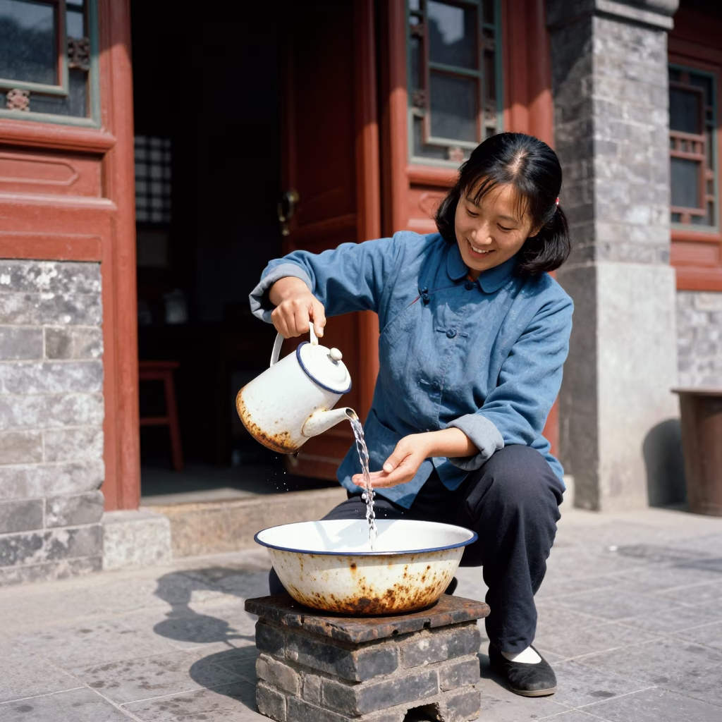 1960s Beijing street scene with enamel pitcher and rusted basin at midday in in Beijing, China