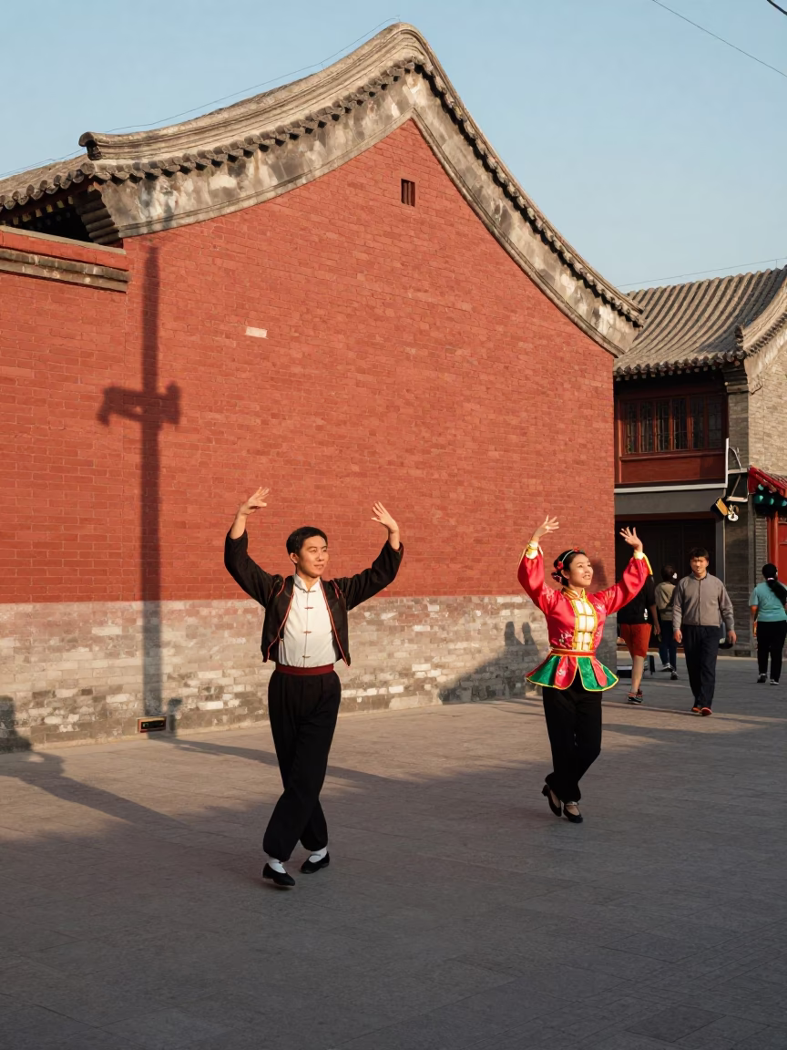1960s Beijing Street Scene with Folk Dancers in Traditional Costumes Under Late Afternoon Sun in in Beijing, China
