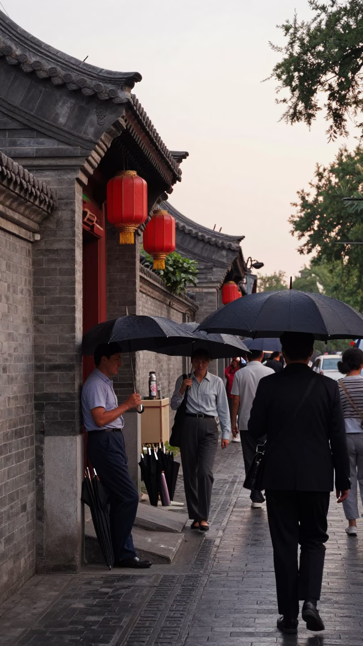 1960s Beijing Street Scene with Thermos and Umbrellas at Sunset in in Beijing, China