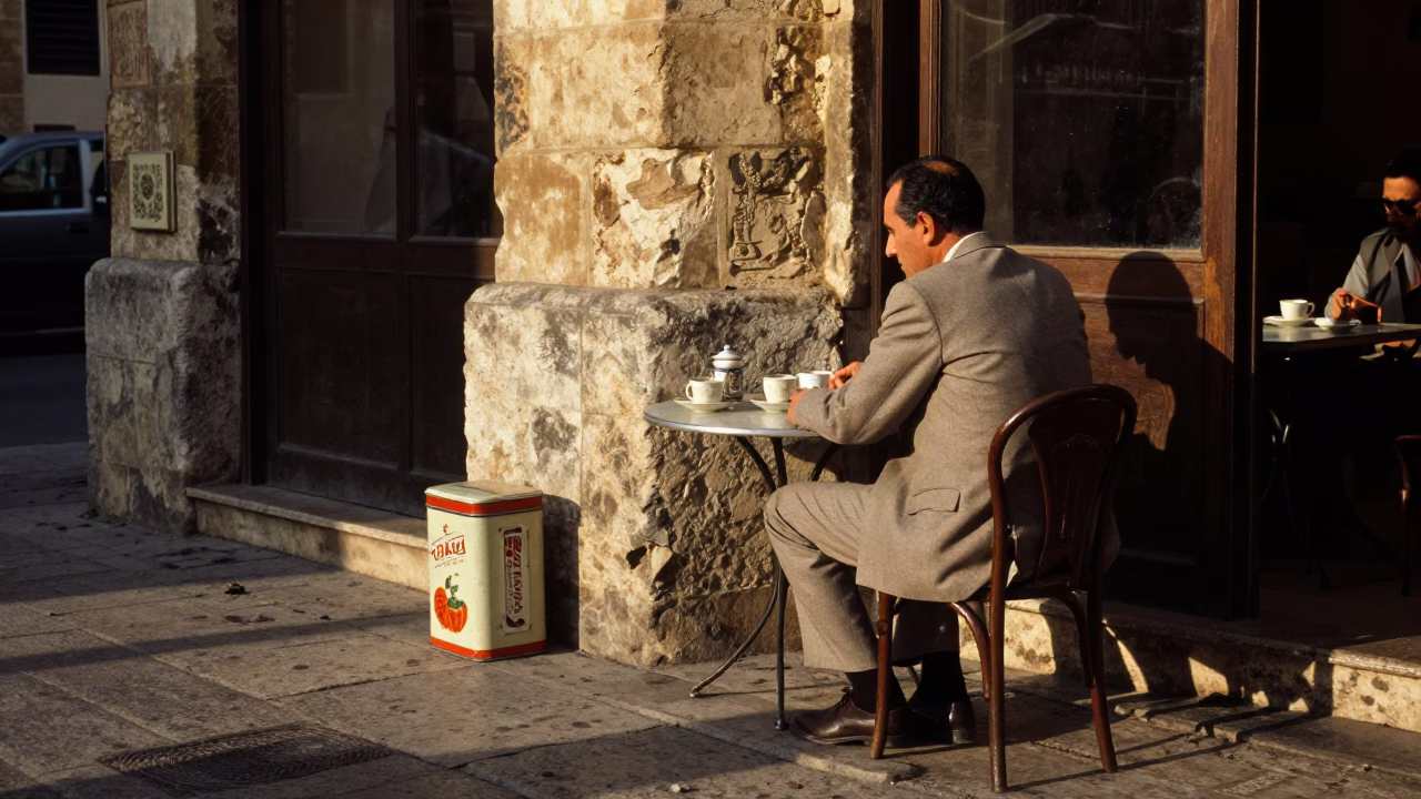 1960s Beirut Street Scene with Vintage Tea Tin and Thermos on Corner Cafe Table in in Beirut, Lebanon