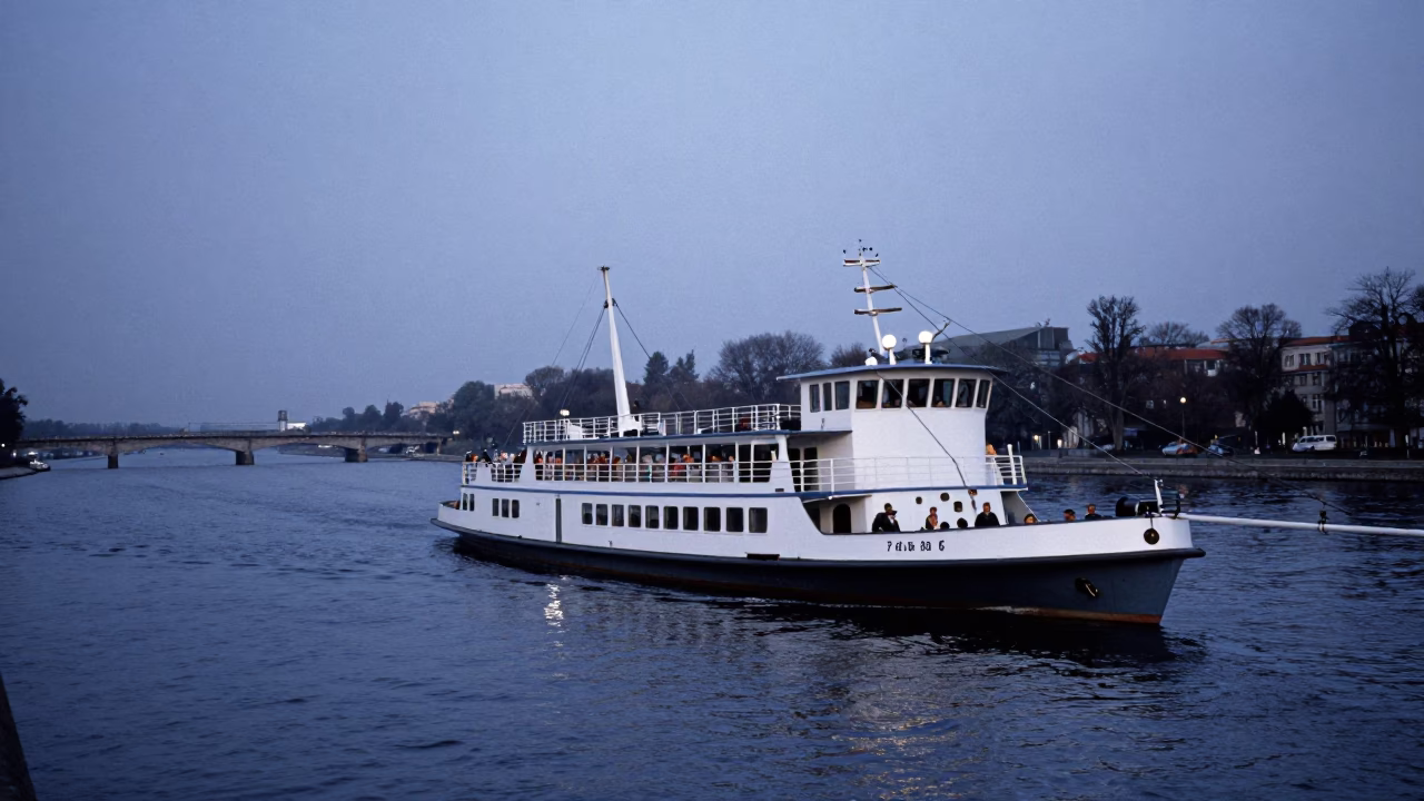 1960s Berlin Chain Ferry Crossing Spree River Evening Blue Hour High Fashion in in Berlin, Germany