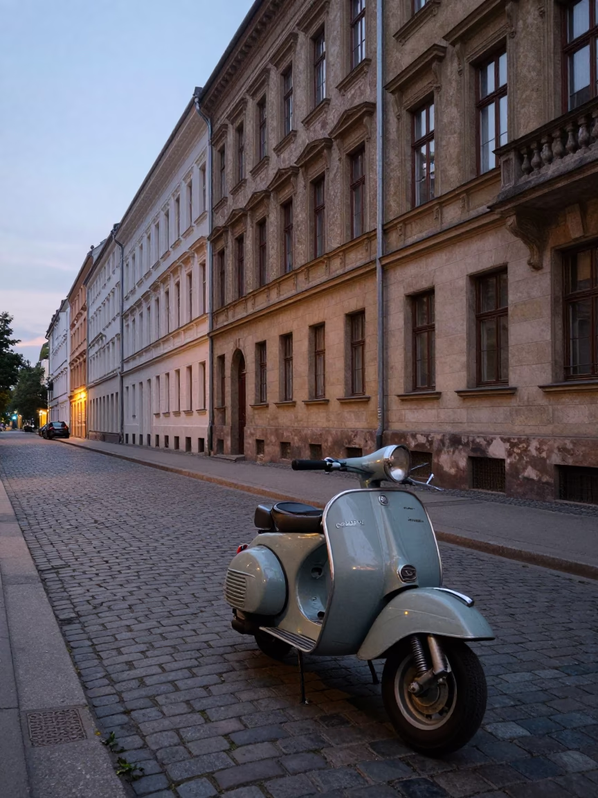 1960s Berlin Early Evening Street Scene with Vintage Scooter and Cobblestone Architecture in in Berlin, Germany