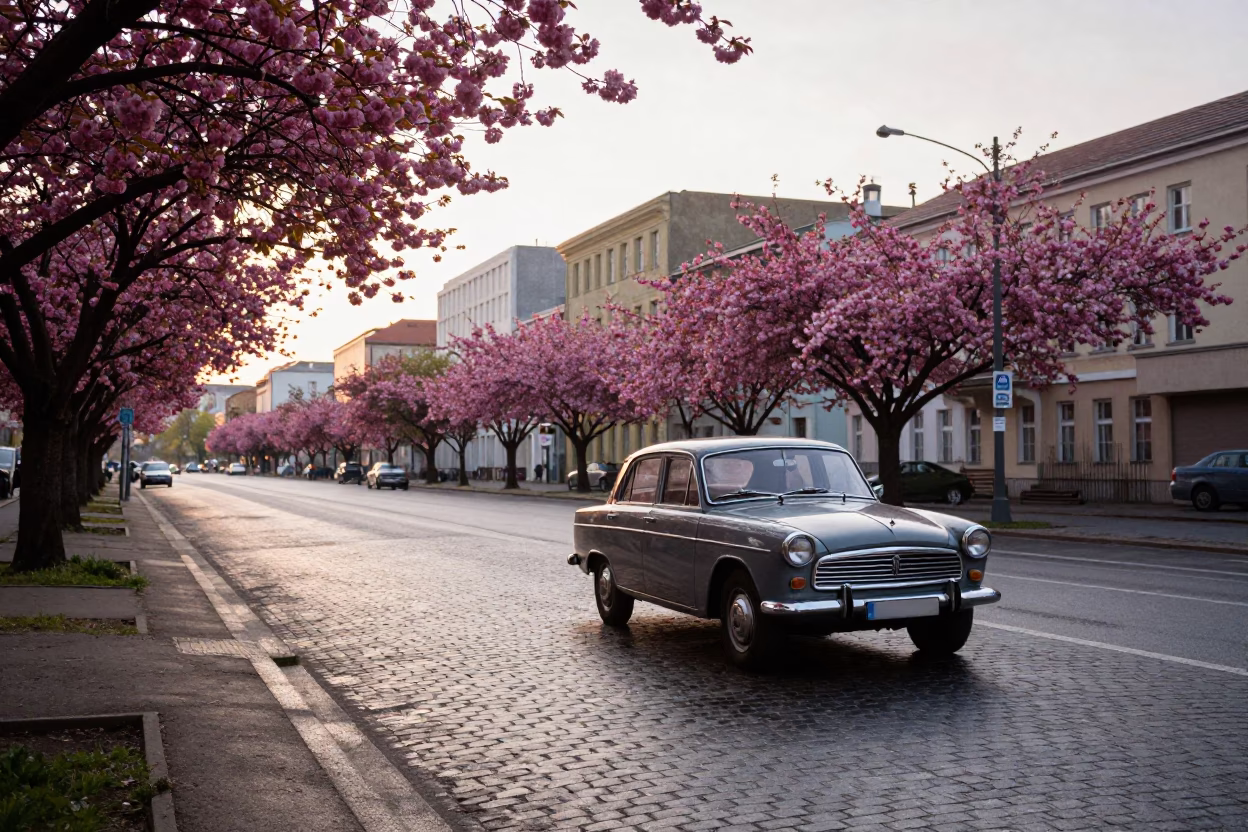 1960s Berlin Street Scene with Cherry Blossoms and Vintage Sedan in in Berlin, Germany