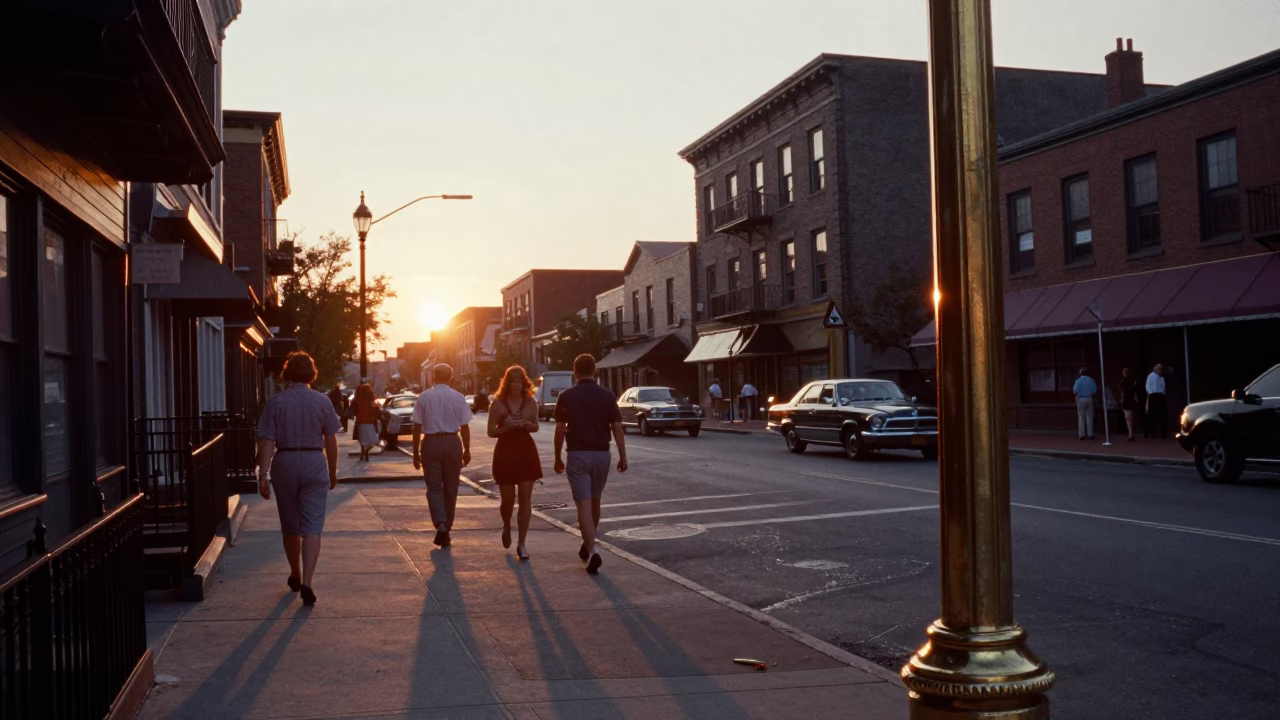 1960s Boston Street Scene with Polished Brass Rim and Succulents at Sunset in in Boston, Massachusetts, United States