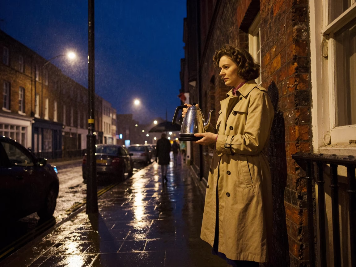 1960s Bristol Night Street Scene with Vintage Electric Kettle and Broom in Rain in in Bristol, United Kingdom