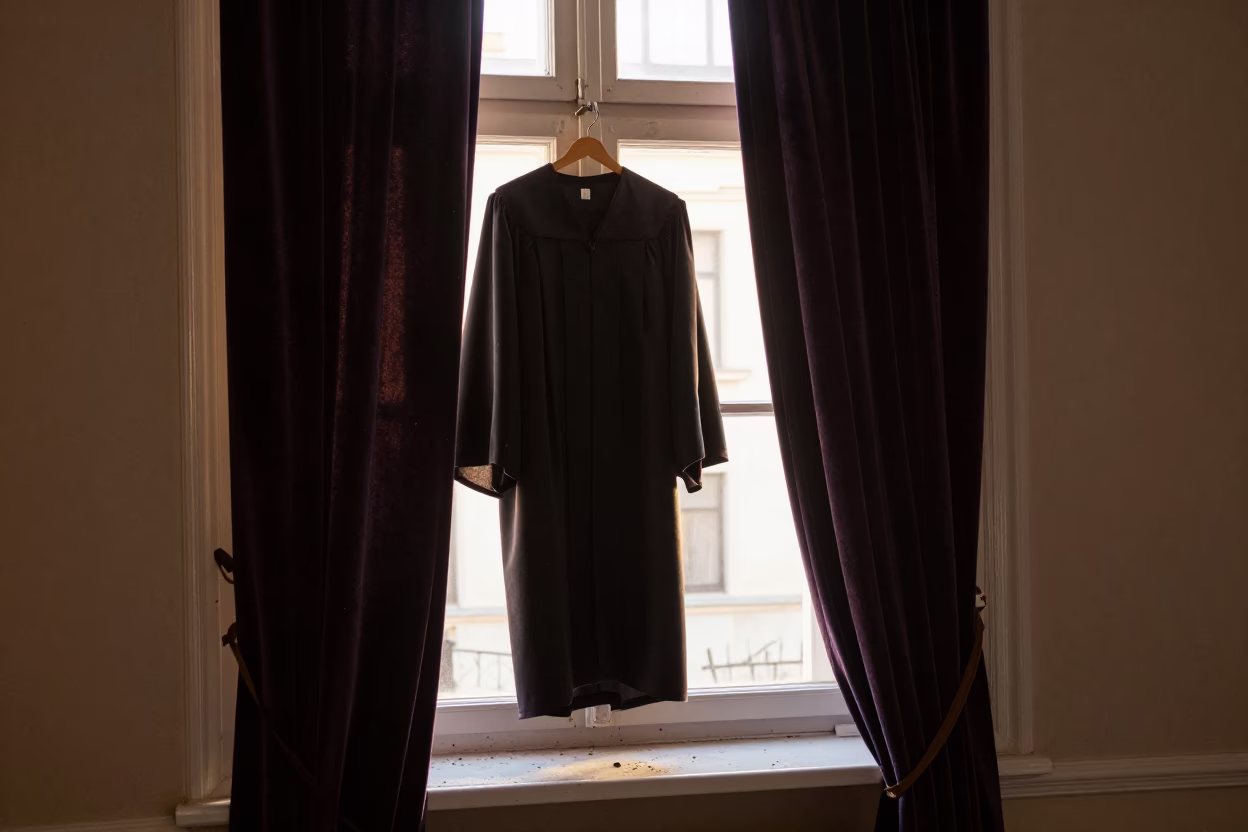 1960s Budapest Dawn Street Scene with Graduation Gown Hanging by Window in in Budapest, Hungary