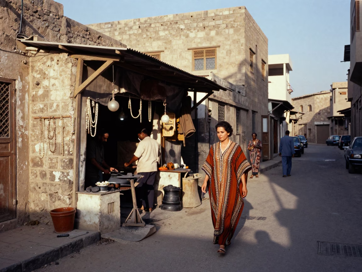 1960s Cairo Street Scene with Pearl Necklaces and Blacksmith Shop in Late Afternoon Light in in Cairo, Egypt
