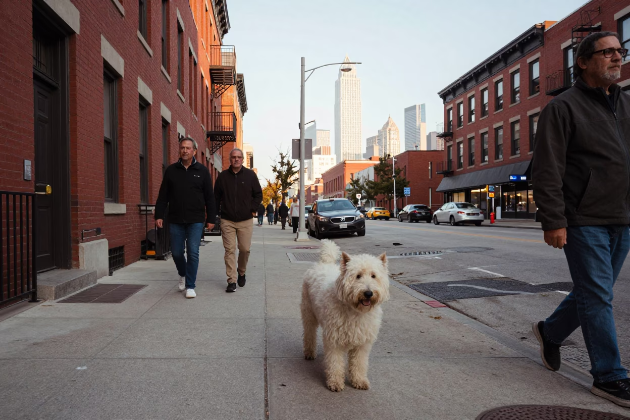 1960s Chicago Street Scene with Polish Lowland Sheepdog and Urban Architecture in in Chicago, Illinois, United States