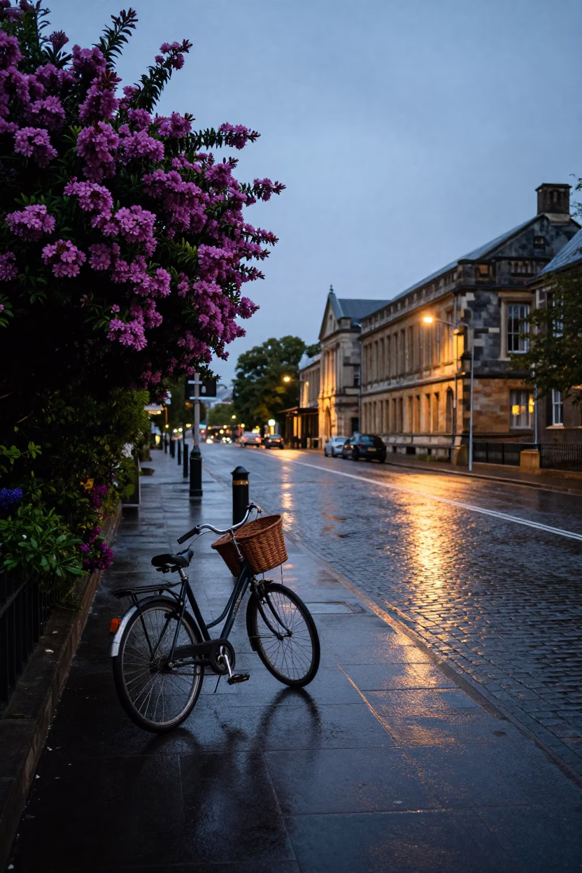 1960s Christchurch Evening Street Scene with Plumbago Hedge and Vintage Bicycle in in Christchurch, New Zealand