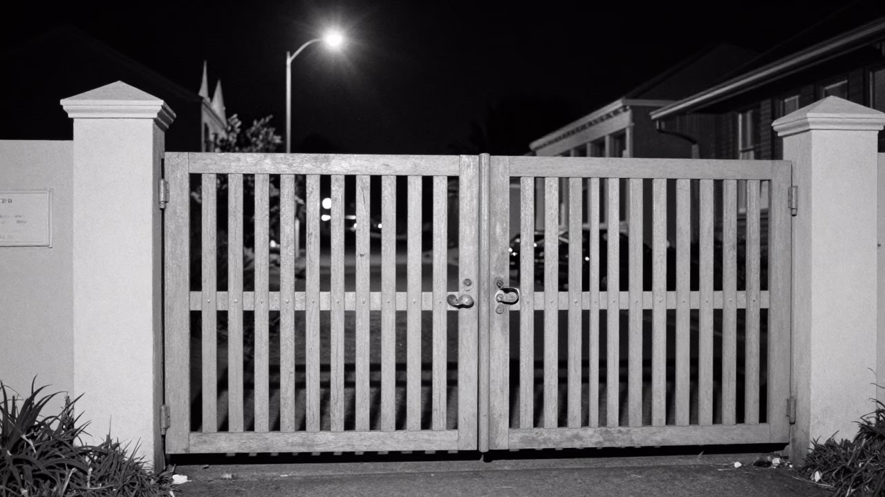 1960s Christchurch Night Street Scene with Vintage Gate and Rusty Sill Details in in Christchurch, New Zealand