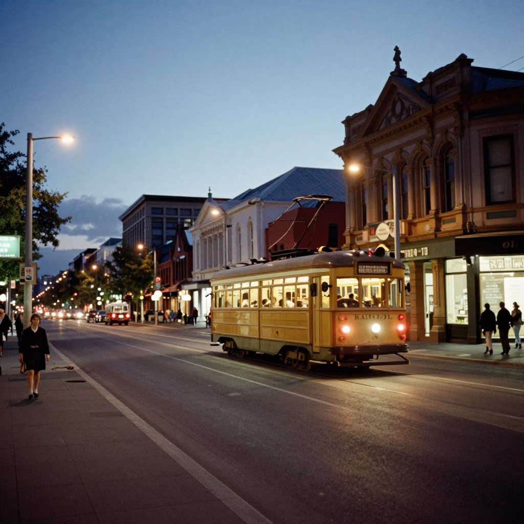 1960s Christchurch Street Scene at Dusk with Tram and Maintenance Cage in in Christchurch, New Zealand