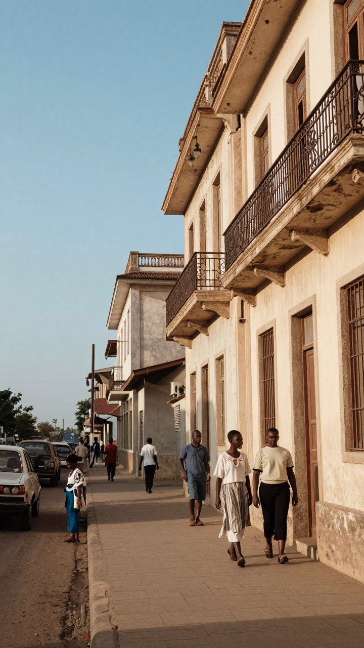 1960s Dakar Senegal Street Scene with Pedestrians and Vintage Architecture in Late Afternoon Light in in Dakar, Senegal