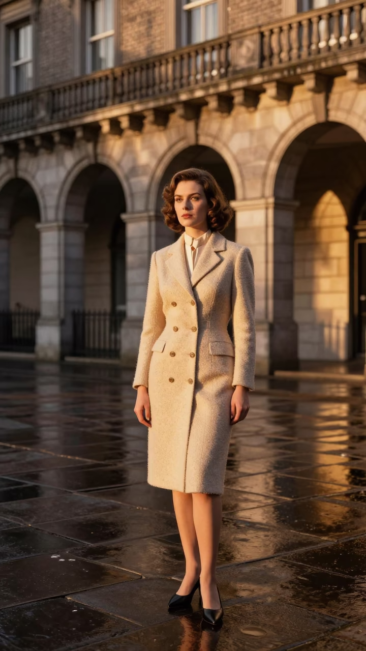 1960s Dublin Evening High Fashion Portrait on Wet Flagstones with Water Tower and Whiteboard in in Dublin, Ireland