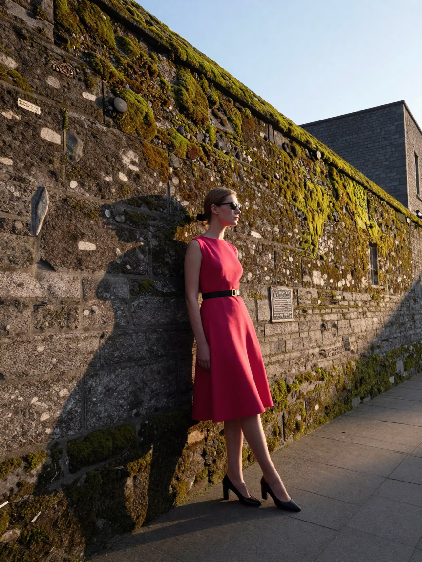 1960s Dublin Ireland High Fashion Street Photography Mossy Stone Wall Sunrise in in Dublin, Ireland