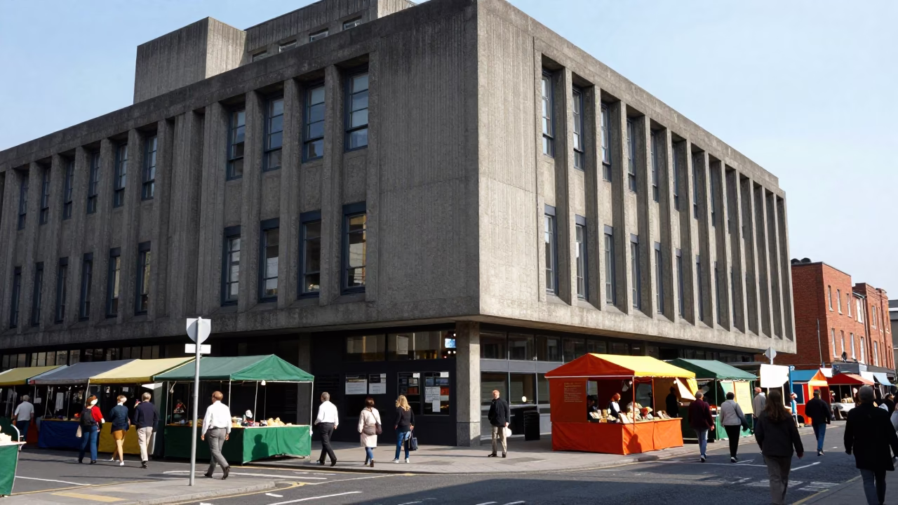 1960s Dublin Street Scene with Concrete Brutalist Architecture and Local Market Stalls in in Dublin, Ireland