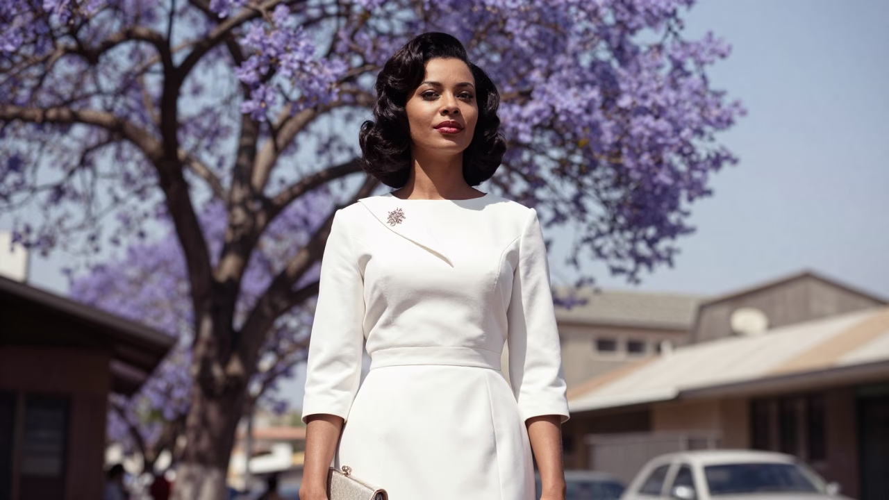 1960s Durban Street Fashion Portrait with Jacaranda Bloom and Vintage Details in in Durban, South Africa
