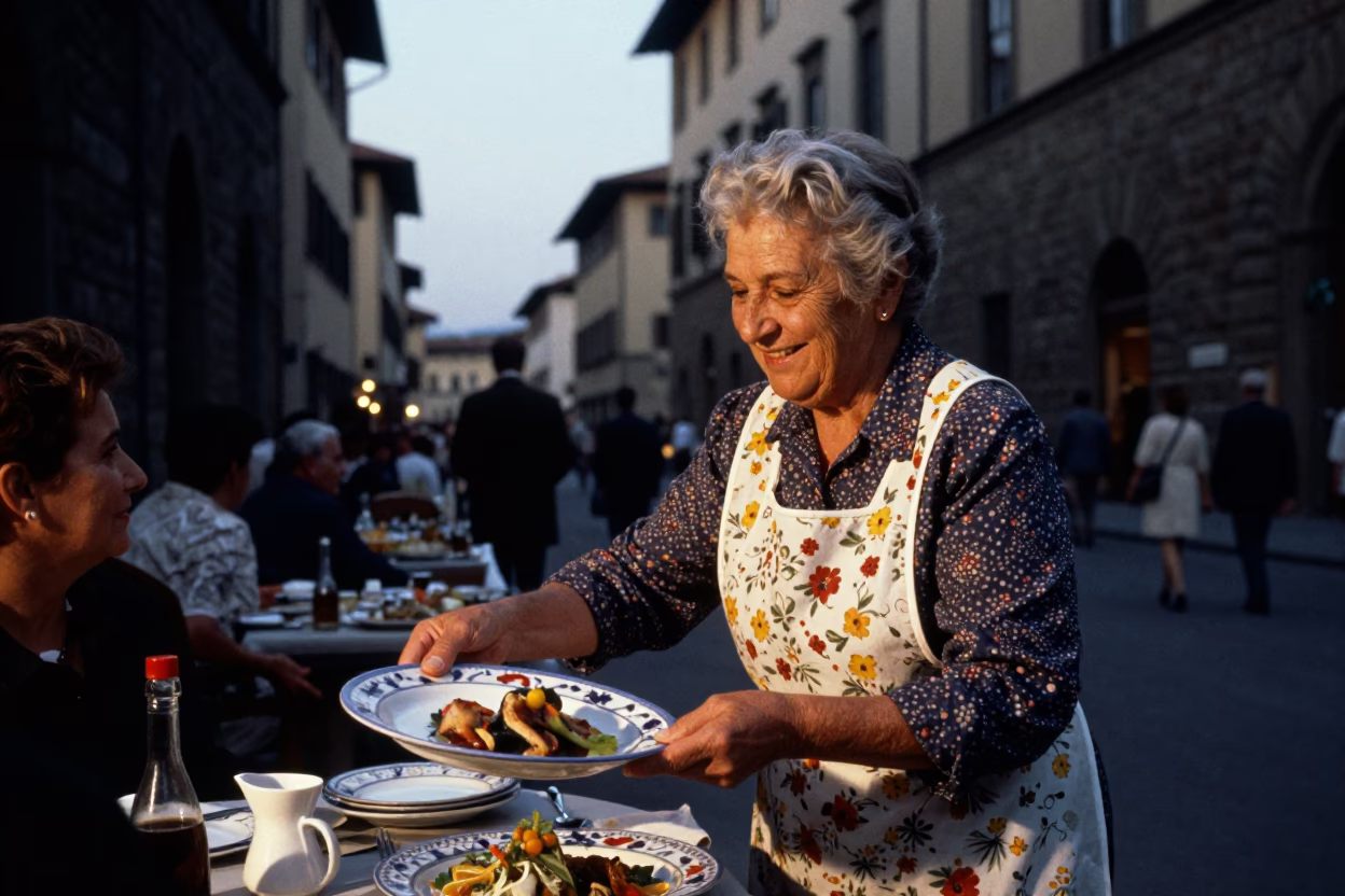 1960s Florence Evening Street Scene with Ceramic Plate and Lemongrass in in Florence, Italy