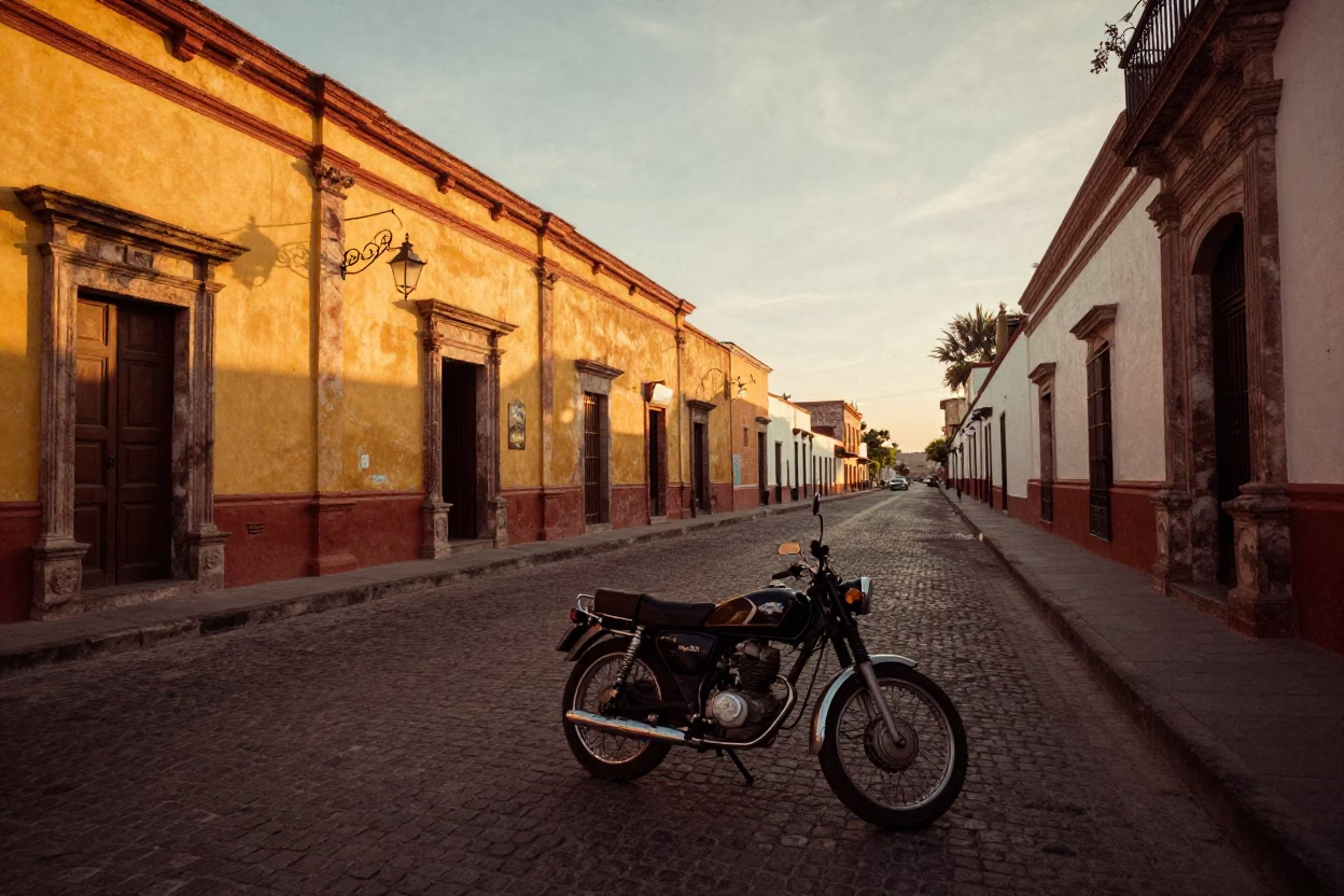 1960s Guadalajara Evening Street Scene with Vintage Motorcycle and Local Architecture in in Guadalajara, Mexico