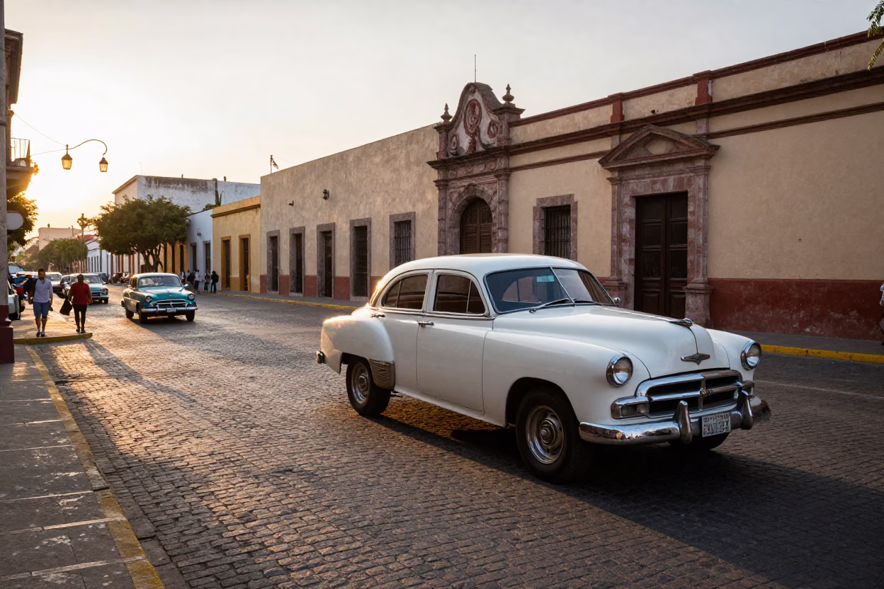 1960s Guadalajara Sunset Street Scene with Vintage Automobile and Local Pedestrians in in Guadalajara, Mexico