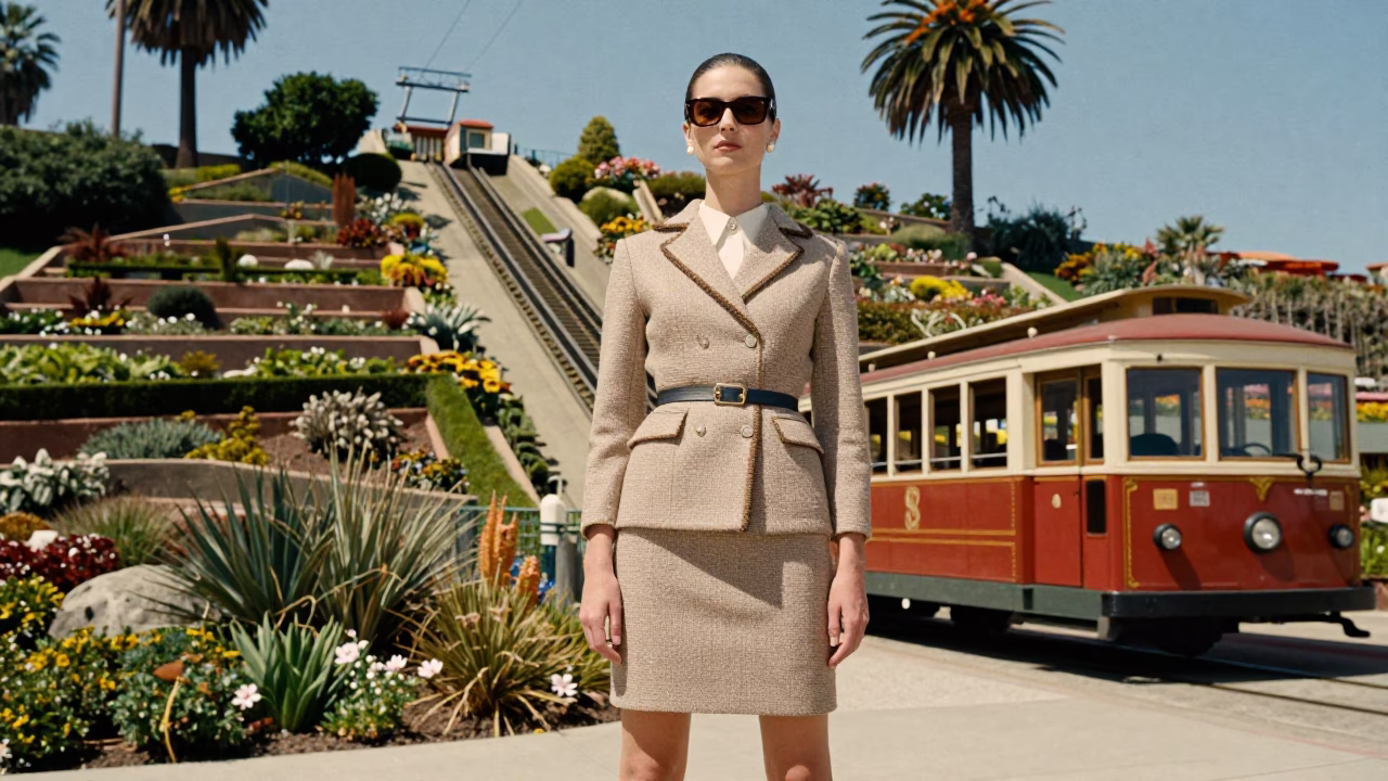 1960s High Fashion Midday Portrait in San Diego California with Funicular Gardens in in San Diego, California, United States