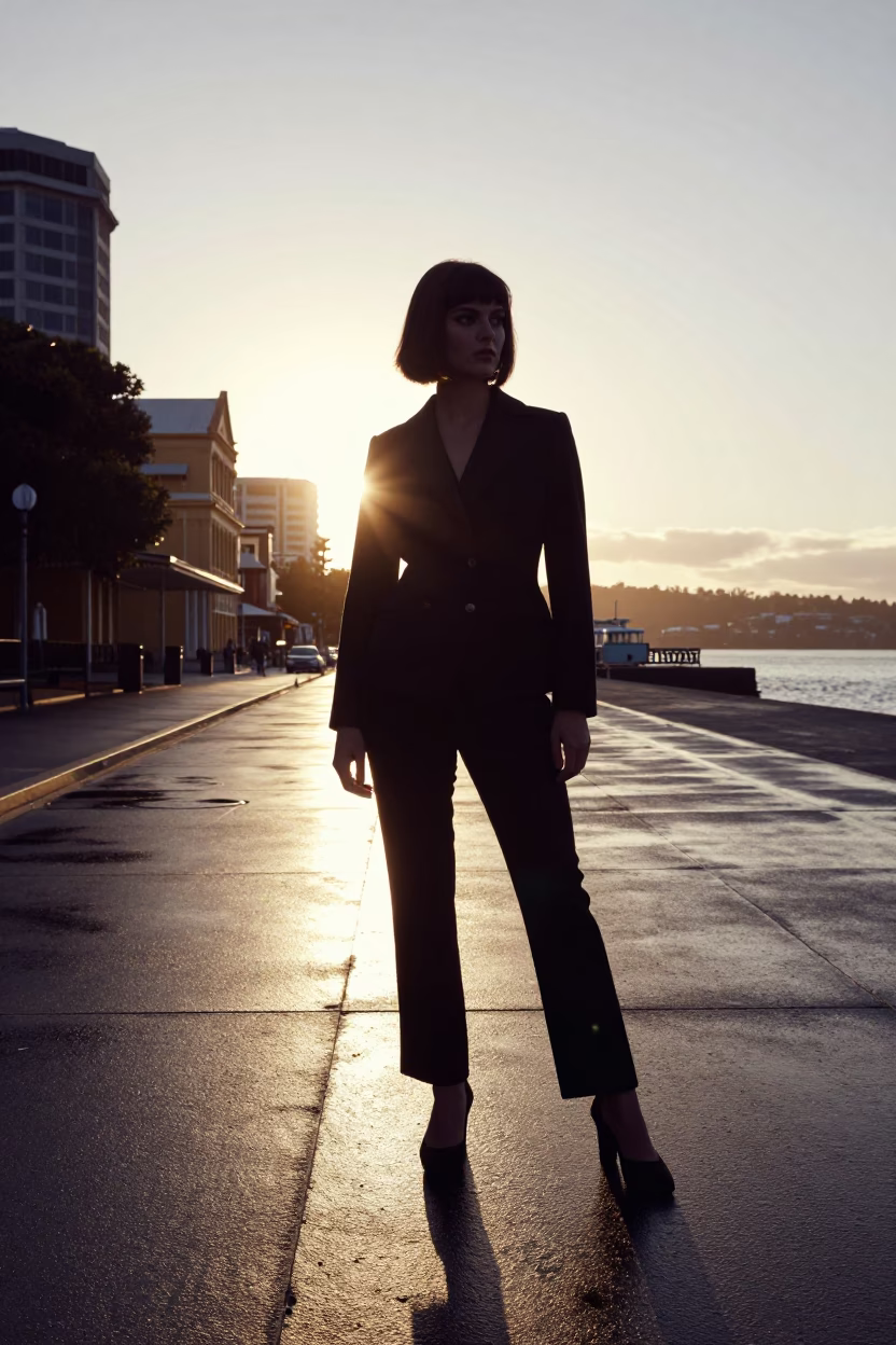 1960s High Fashion Portrait in Hobart Tasmania After Sunrise Street Scene in in Hobart, Tasmania, Australia