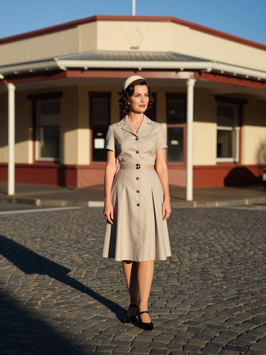 1960s High Fashion Portrait of a Woman in Hobart Tasmania Late Afternoon Street Scene in in Hobart, Tasmania, Australia