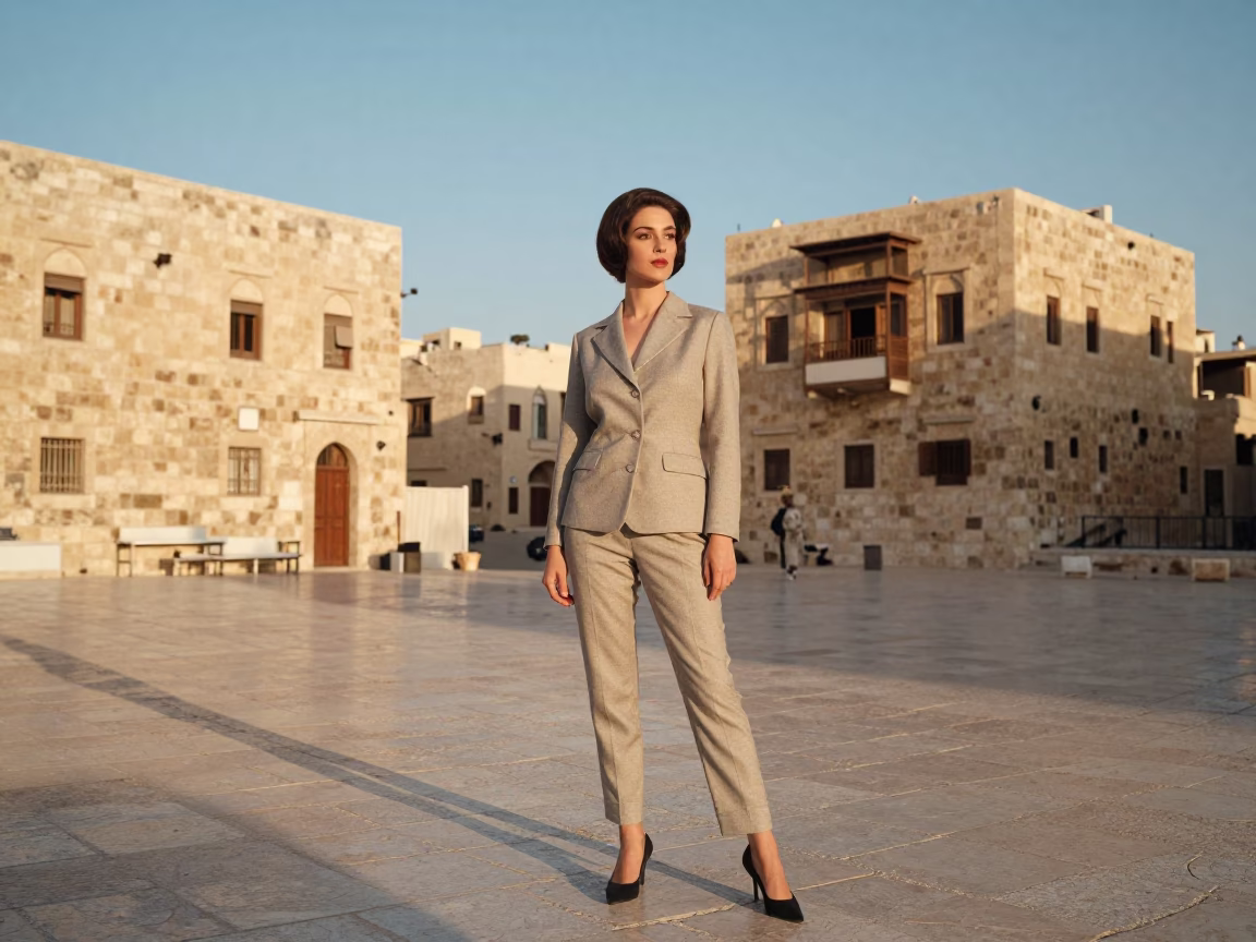 1960s High Fashion Portrait of Elegant Woman in Amman Jordan at Sunrise in in Amman, Jordan