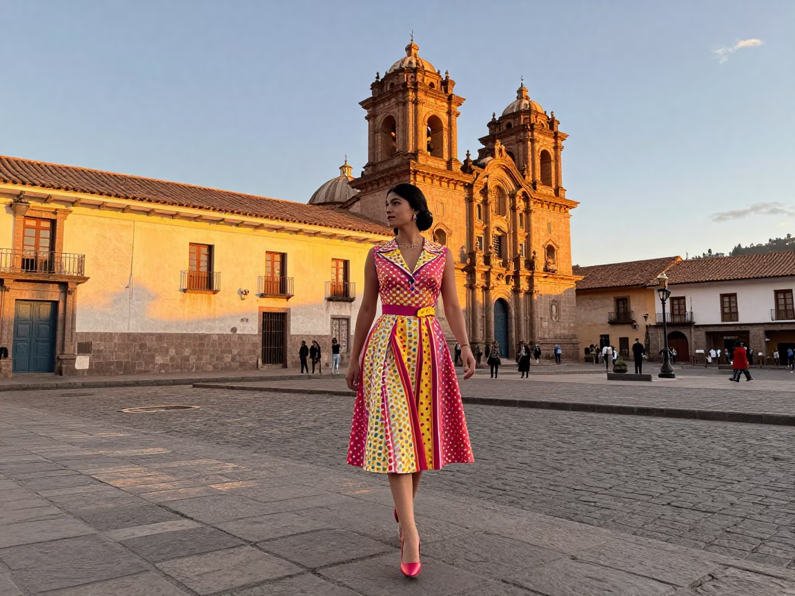 1960s High Fashion Street Photography in Cusco Peru Honeyed Evening Light in in Cusco, Peru