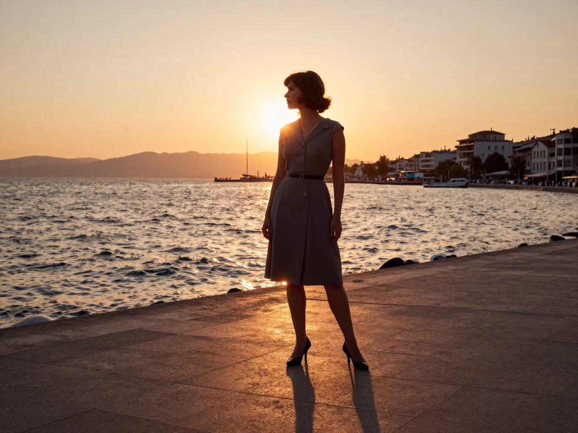 1960s High Fashion Street Style in Izmir Turkey Sunset Harbor View in in Izmir, Turkey