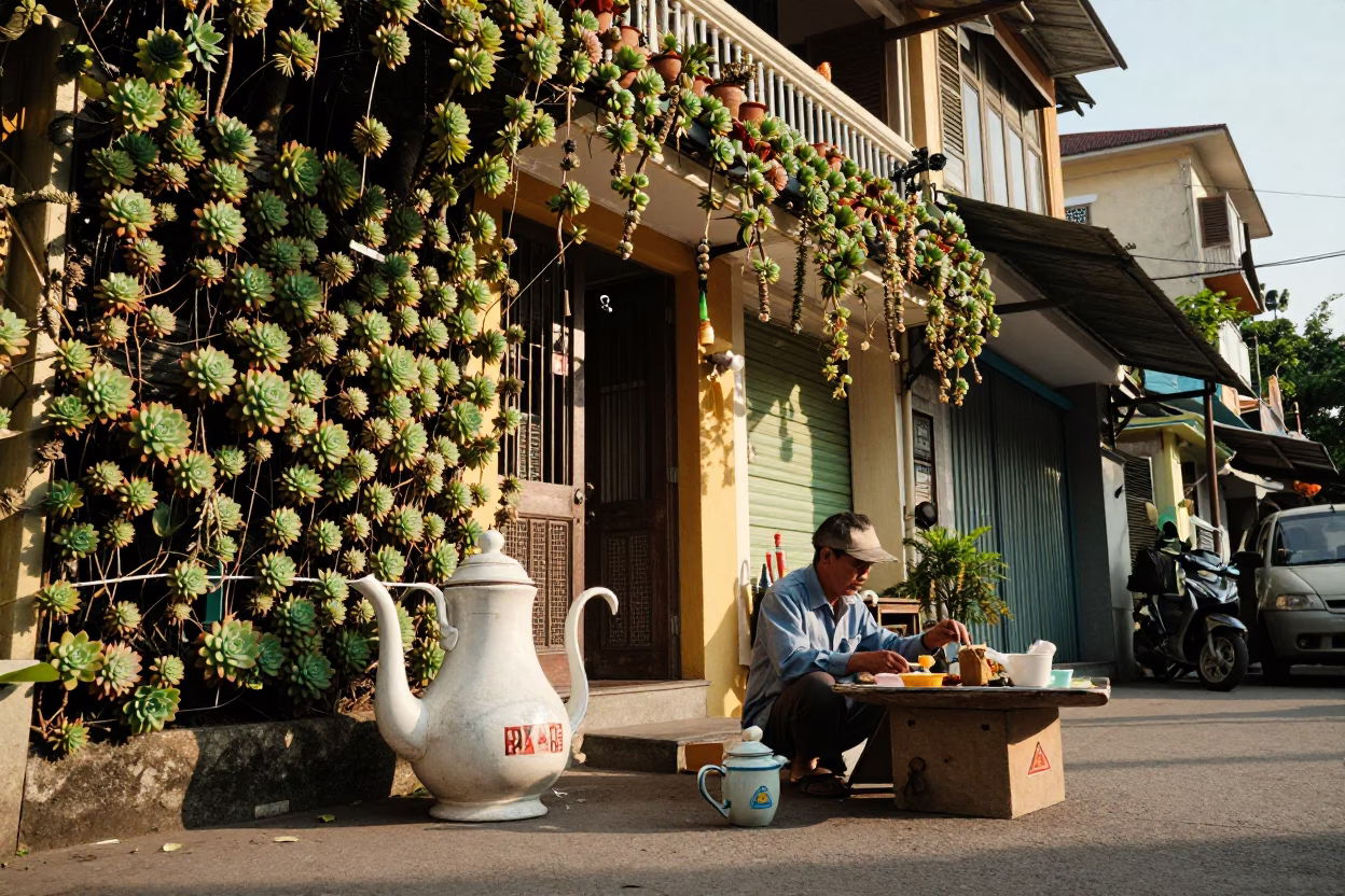 1960s Ho Chi Minh City Street Scene with Vintage Teapot and Living Wall Succulents in in Ho Chi Minh City, Vietnam