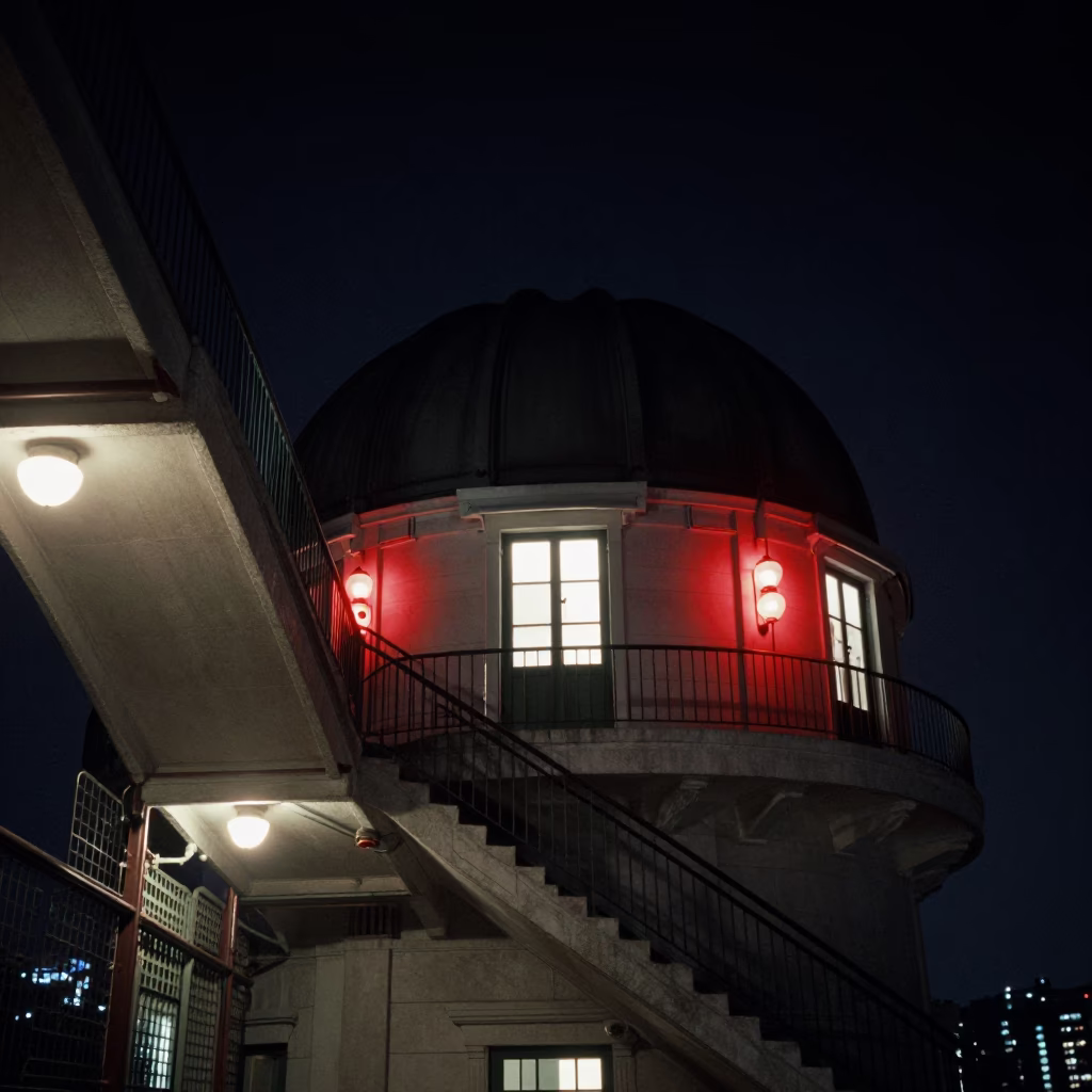1960s Hong Kong Night Scene Observatory Stairwell Red Bulbs and City Lights in in Hong Kong, Hong Kong