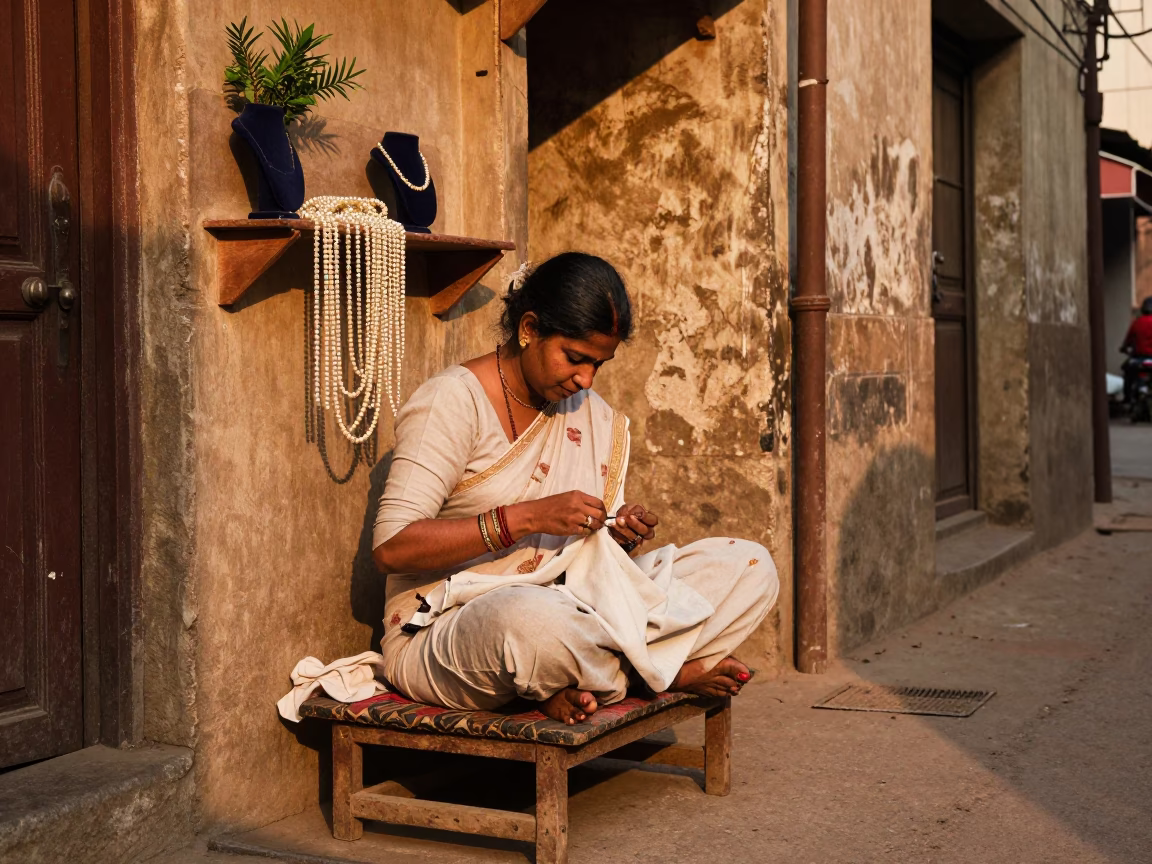 1960s Hyderabad Street Scene with Seamstress and Traditional Decor in in Hyderabad, India