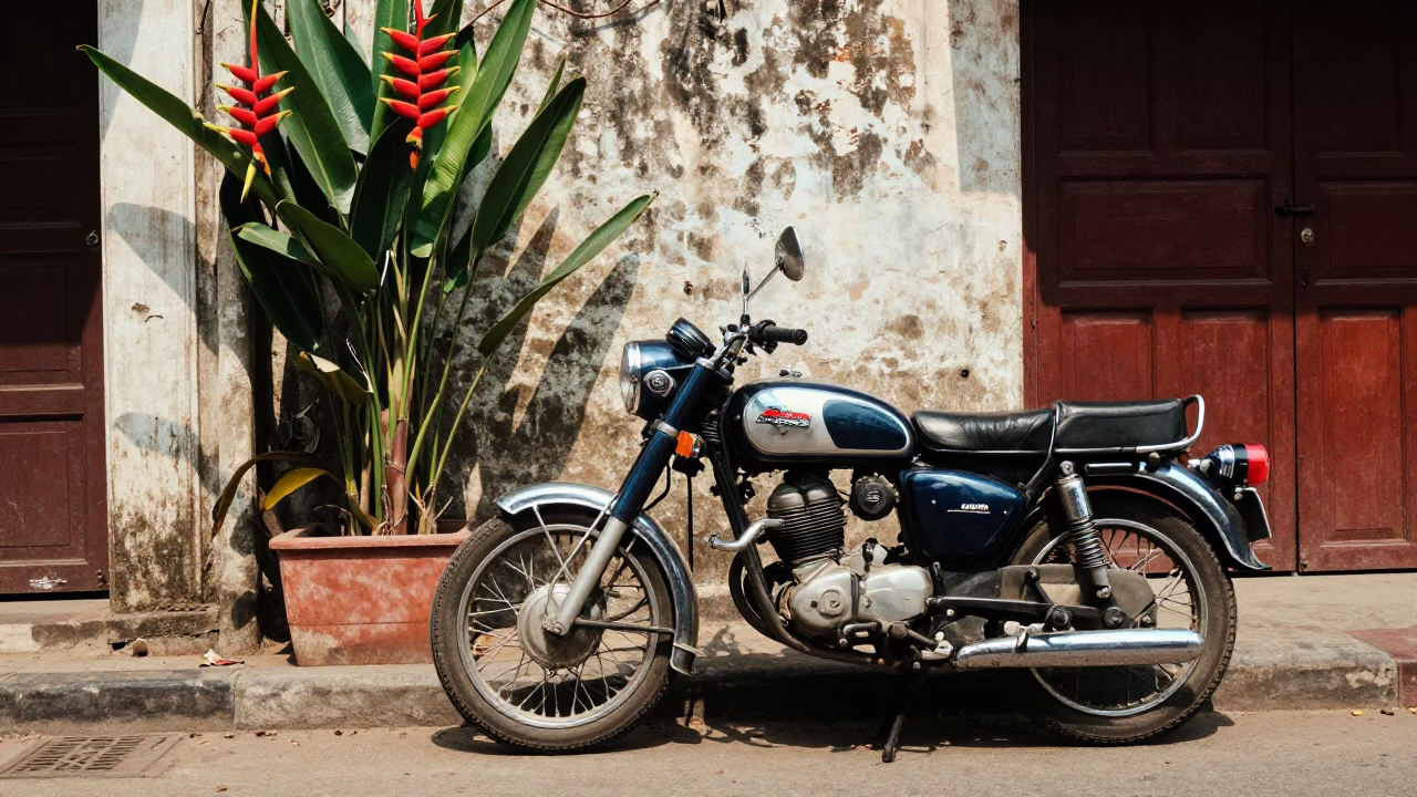 1960s Kolkata Street Scene with Heliconia and Vintage Motorcycle at Midday in in Kolkata, India