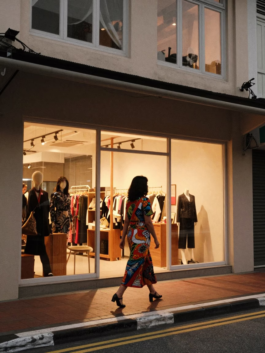 1960s Kuala Lumpur Street Fashion Evening Light with Window Reflections in in Kuala Lumpur, Malaysia