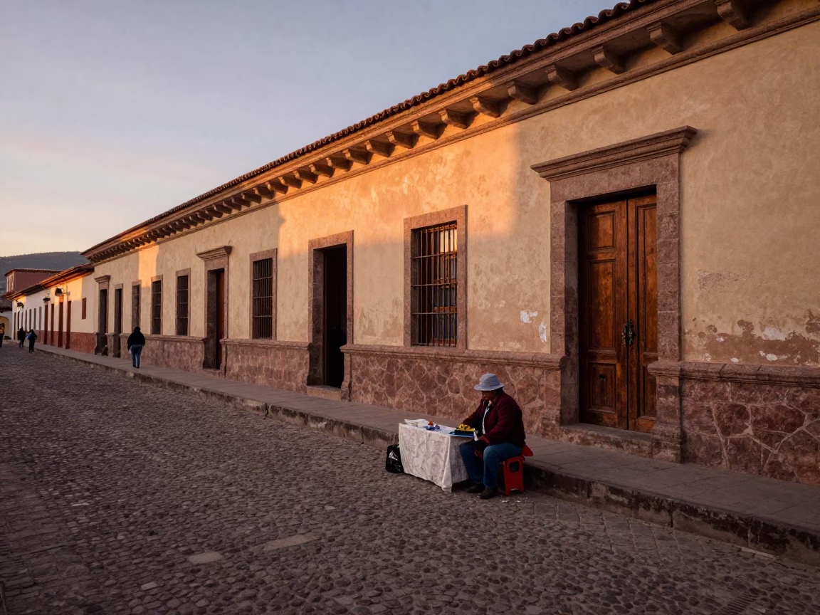 1960s La Bolivia street scene honeyed evening light candid moment in in La Paz, Bolivia