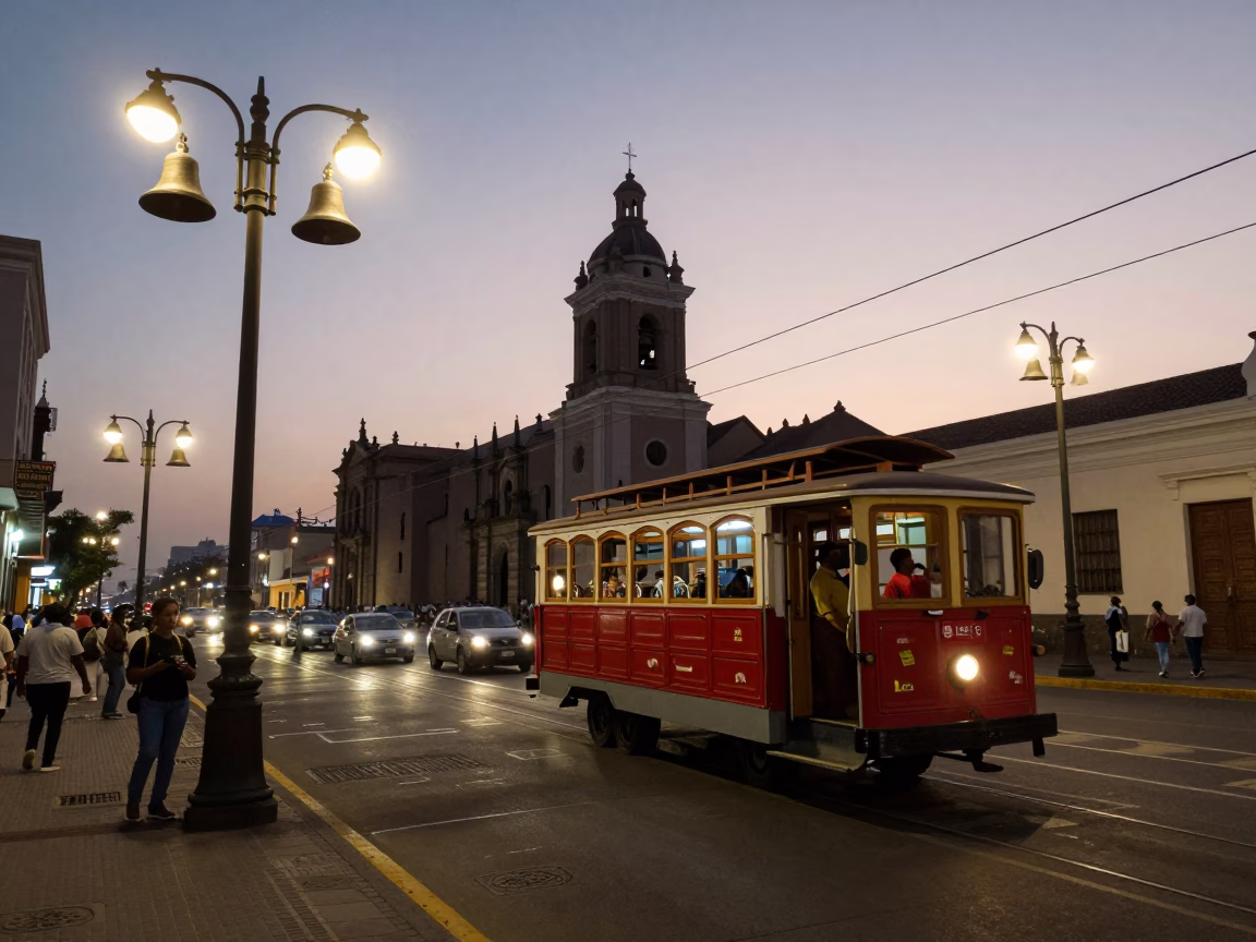 1960s Lima Peru Street Scene with Cable Car and Bell Tower at Dusk in in Lima, Peru