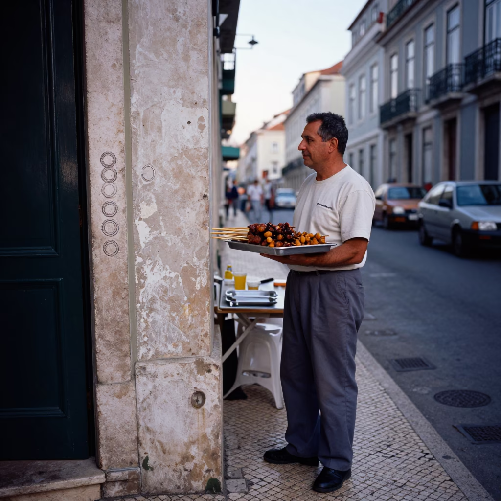 1960s Lisbon Street Scene with Tray of Satay Skewers and Peanut Sauce in in Lisbon, Portugal