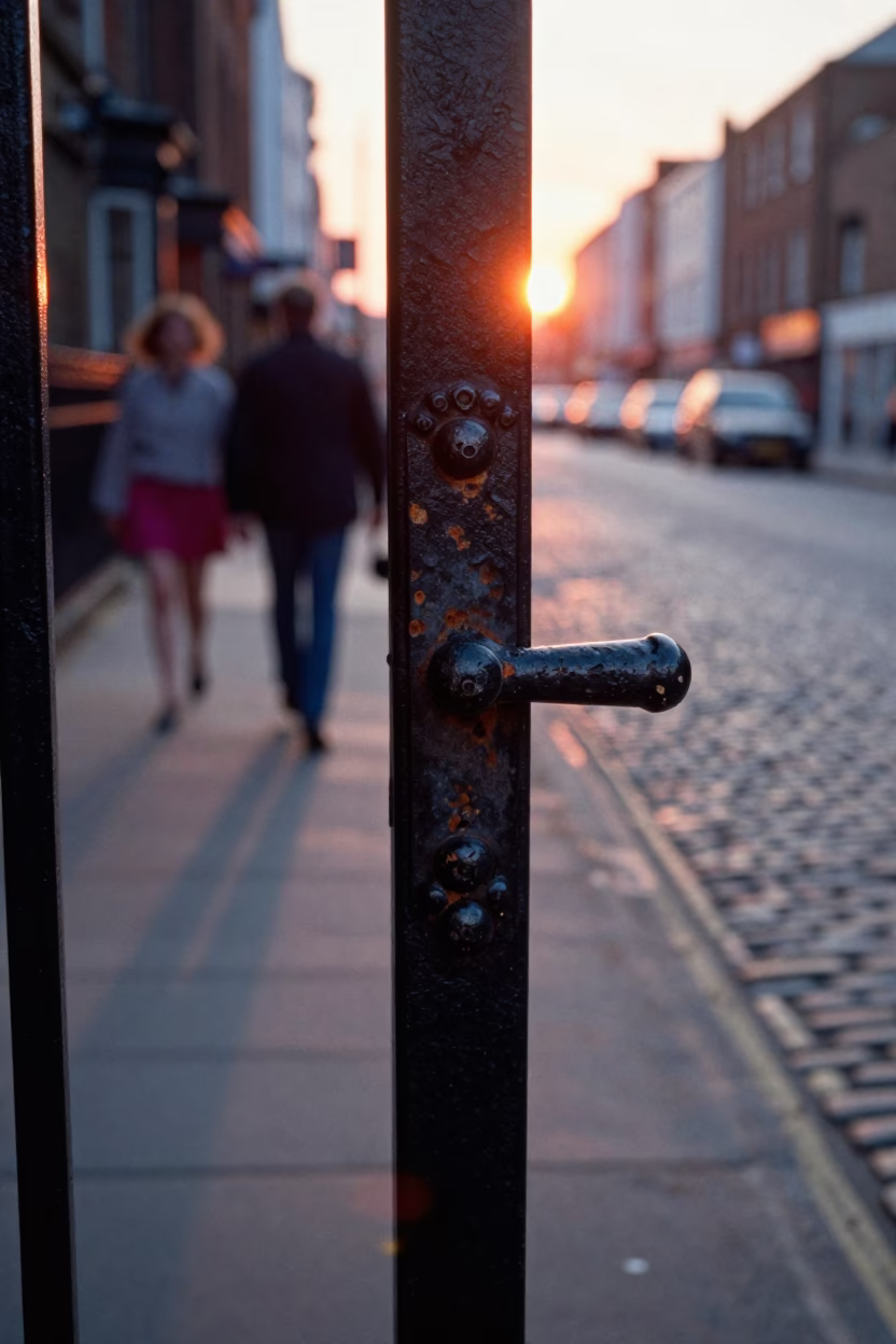 1960s Liverpool Street Scene with Vintage Gate Handle and Evening Light in in Liverpool, United Kingdom