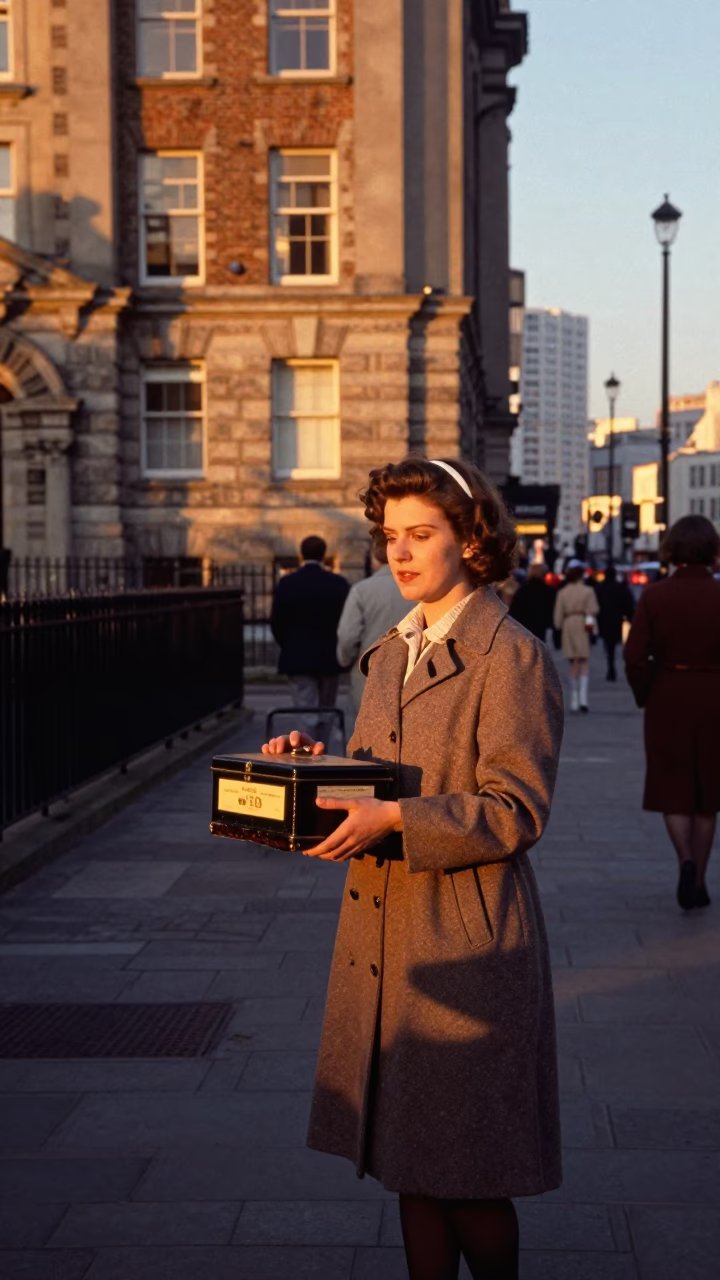 1960s Liverpool Street Scene with Vintage Hatbox and Sunset Light in in Liverpool, United Kingdom