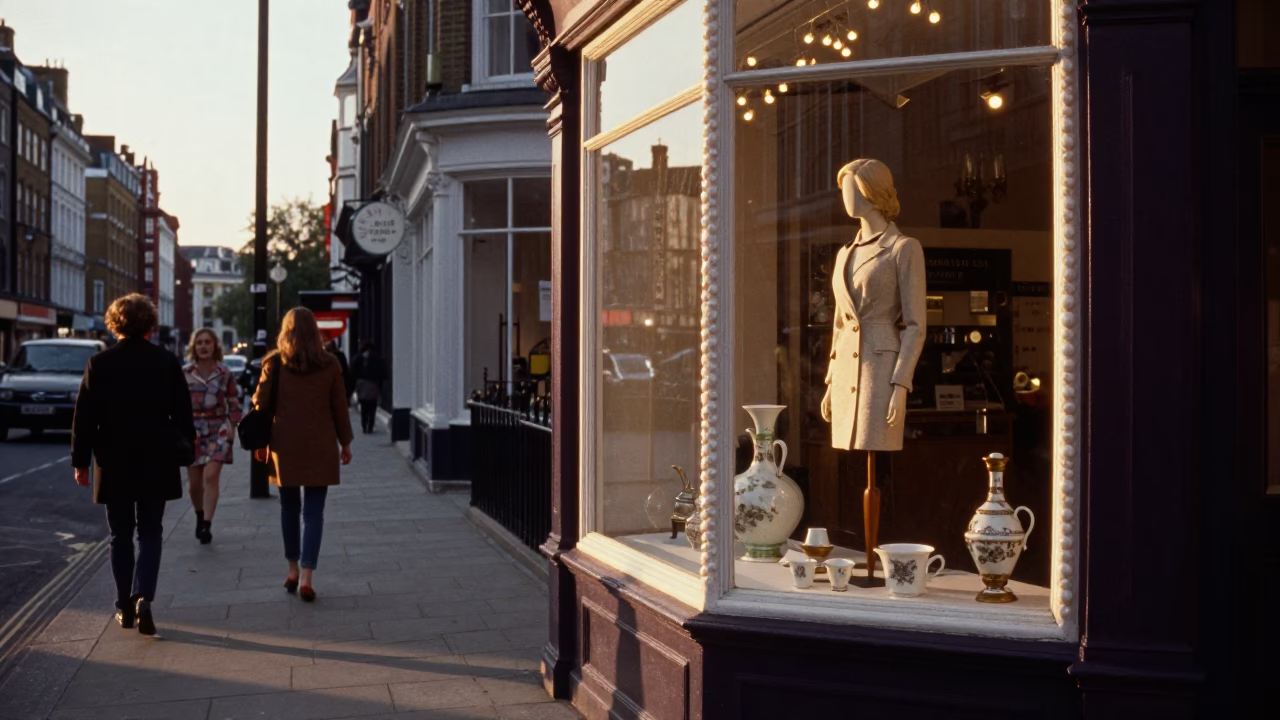 1960s London Street Scene at Golden Hour with Vintage Details in in London, United Kingdom