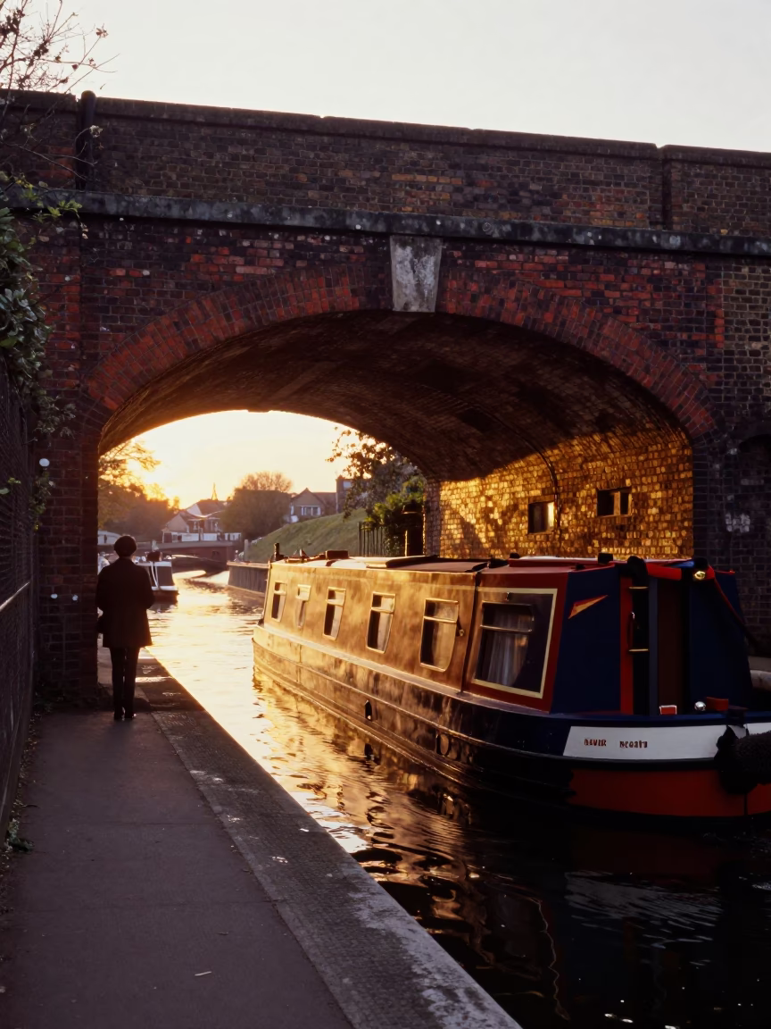 1960s London Street Scene at Sunset with Narrowboat and Brick Canal Tunnel in in London, United Kingdom