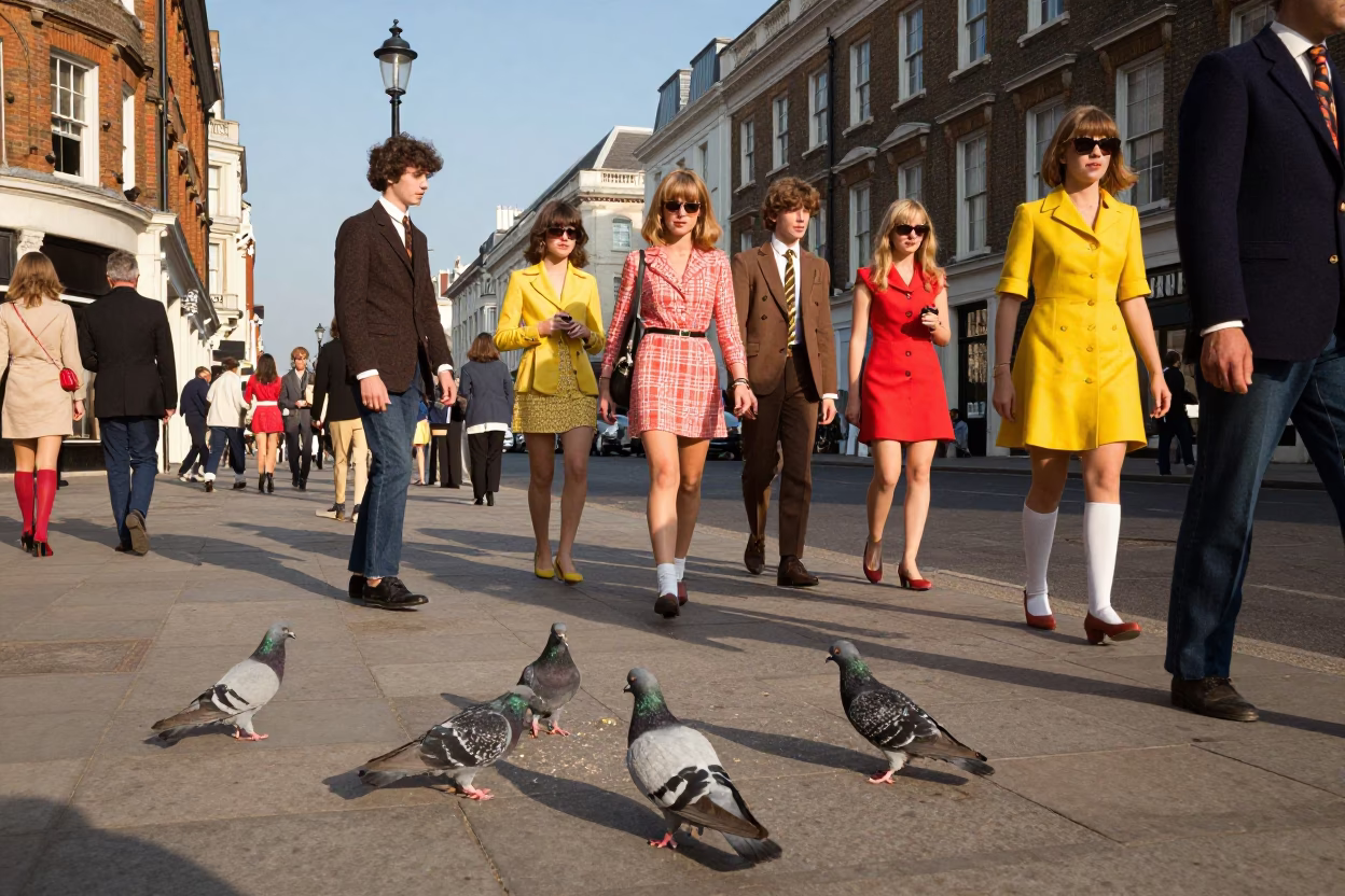 1960s London Street Scene with Pigeons and Vintage Fashion in Late Afternoon Light in in London, United Kingdom