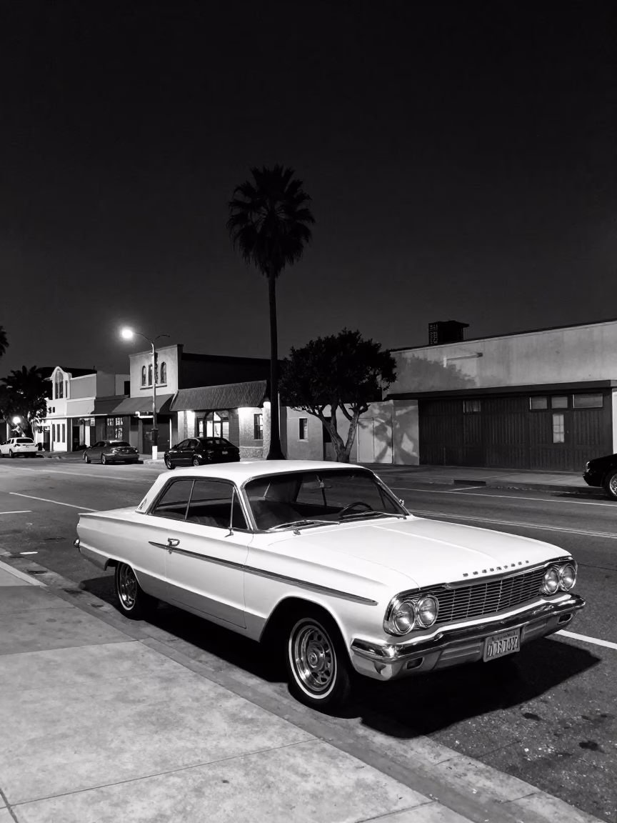 1960s Los Angeles Night Street Scene with Vintage Car and Urban Architecture in in Los Angeles, California, United States