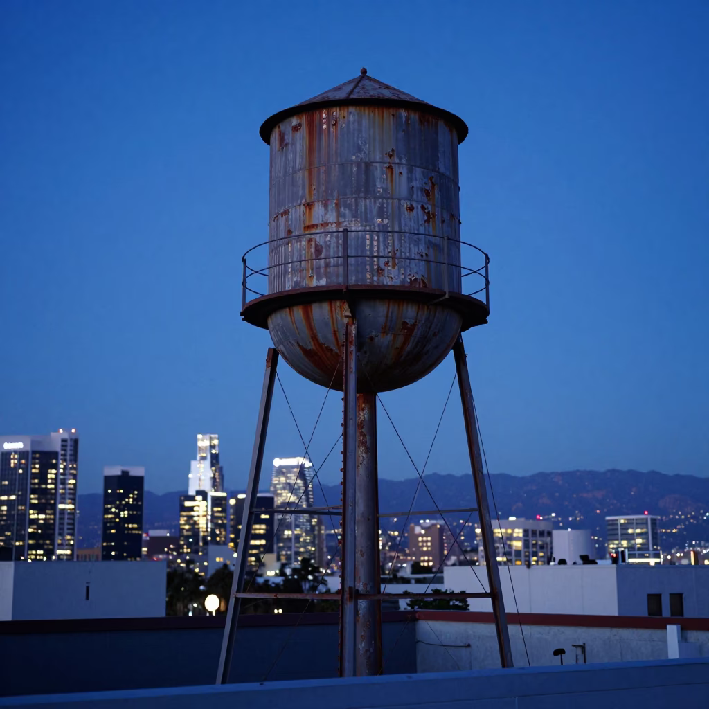 1960s Los Angeles Rooftop Water Tower Against Blue Hour Sky with Vintage Crate in in Los Angeles, California, United States