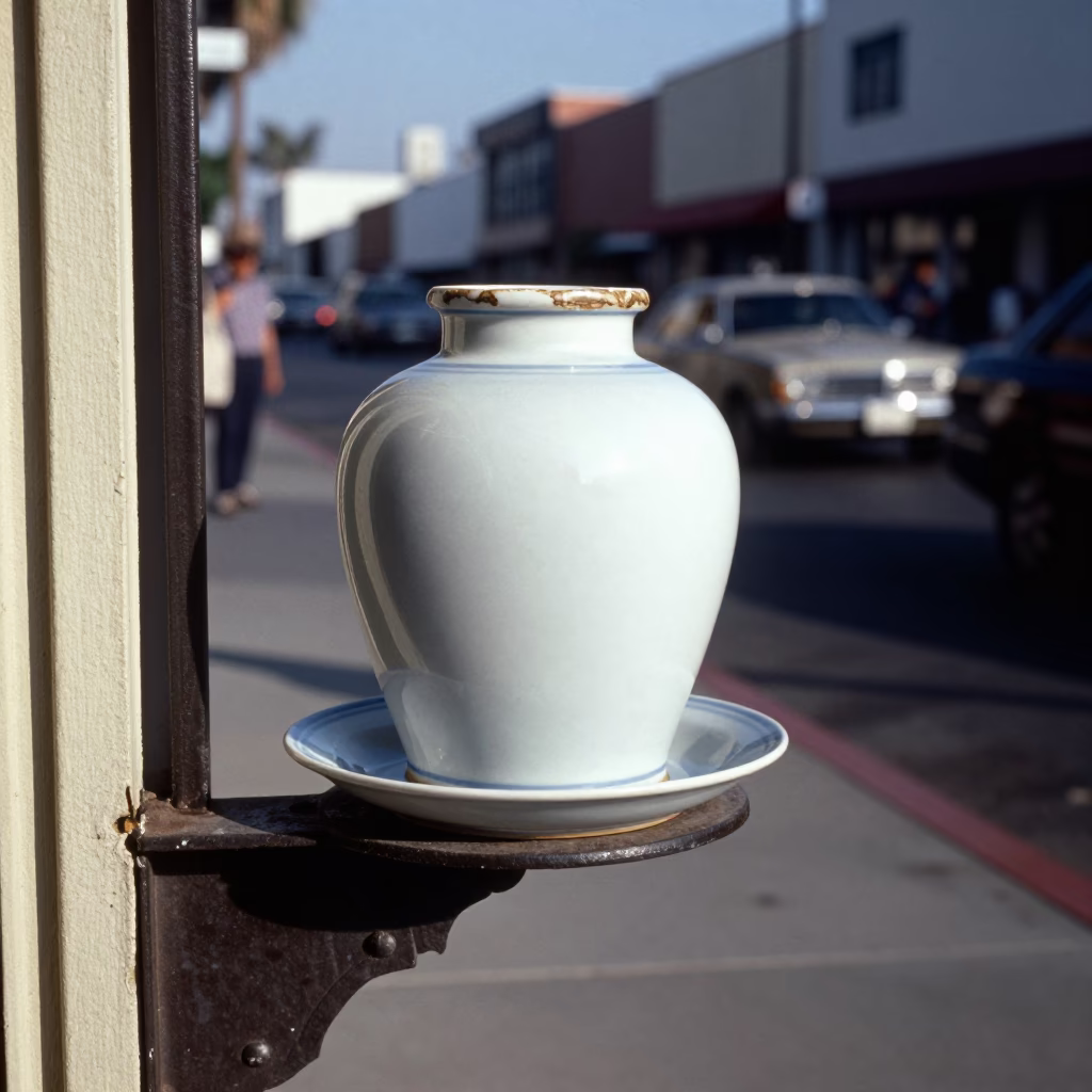 1960s Los Angeles Street Scene with Porcelain Jar and Saucer on Brushed Steel Bracket in in Los Angeles, California, United States