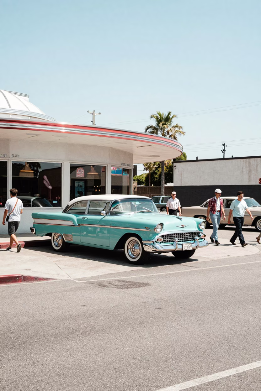 1960s Los Angeles Street Scene with Vintage Cars and Midmorning Sunlight in in Los Angeles, California, United States