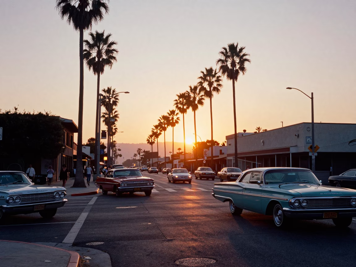 1960s Los Angeles Sunset Street Scene with Classic Cars and Palm Trees in in Los Angeles, California, United States