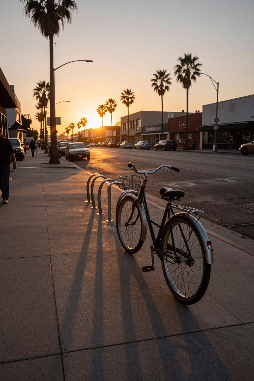 1960s Los Angeles Sunset Street Scene with Vintage Bicycle Rack and Red Brick Architecture in in Los Angeles, California, United States
